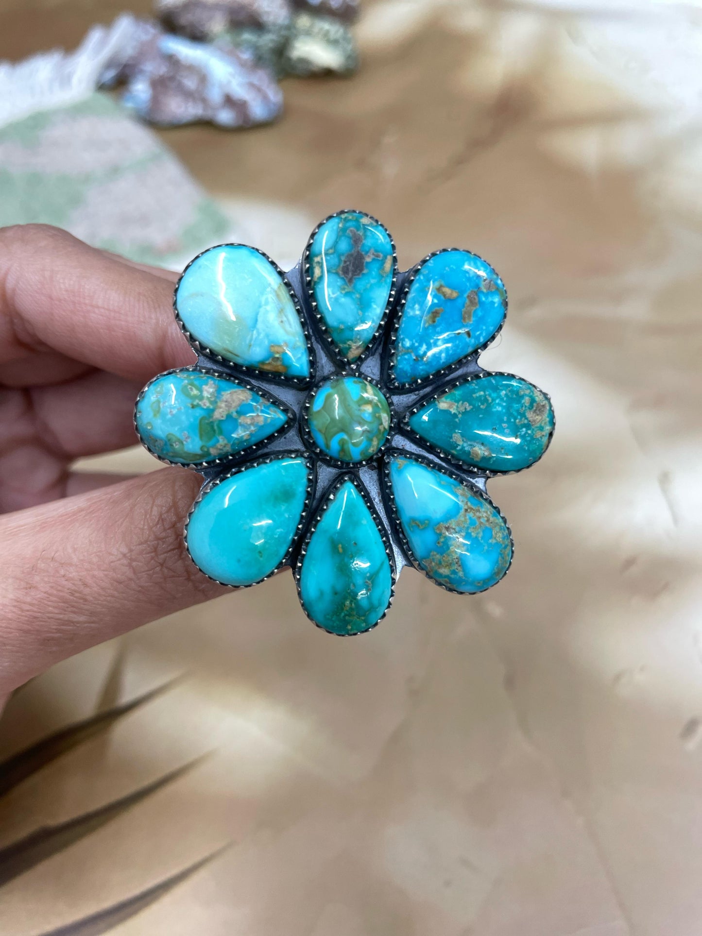 Handmade Sterling Silver South Hill Turquoise Adjustable Ring with Signed Nizhoni