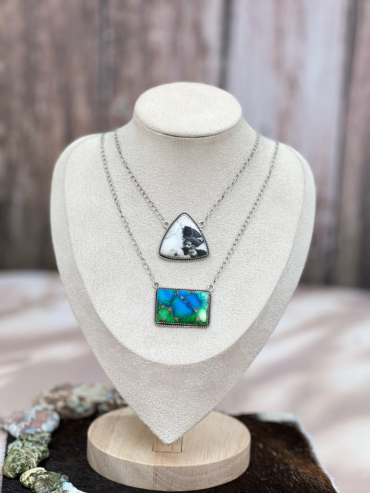 Handmade Sterling Silver Peacock Dahlia, White Buffalo Turquoise Necklace with Signed Nizhoni