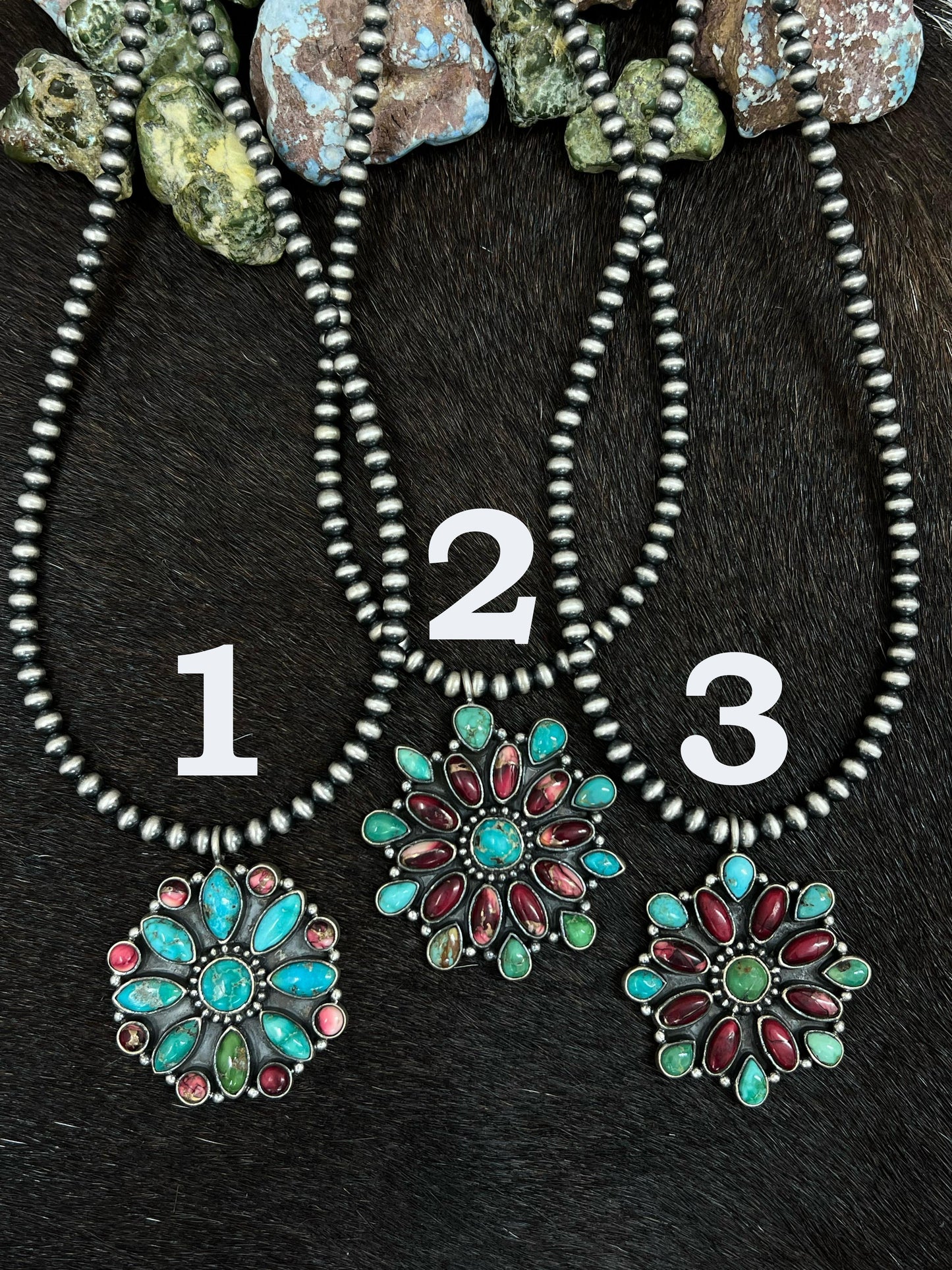 Handmade Sterling Silver Dahlia Rose with Emerald Valley Turquoise Beaded/ Flower Necklace, Signed Nizhoni