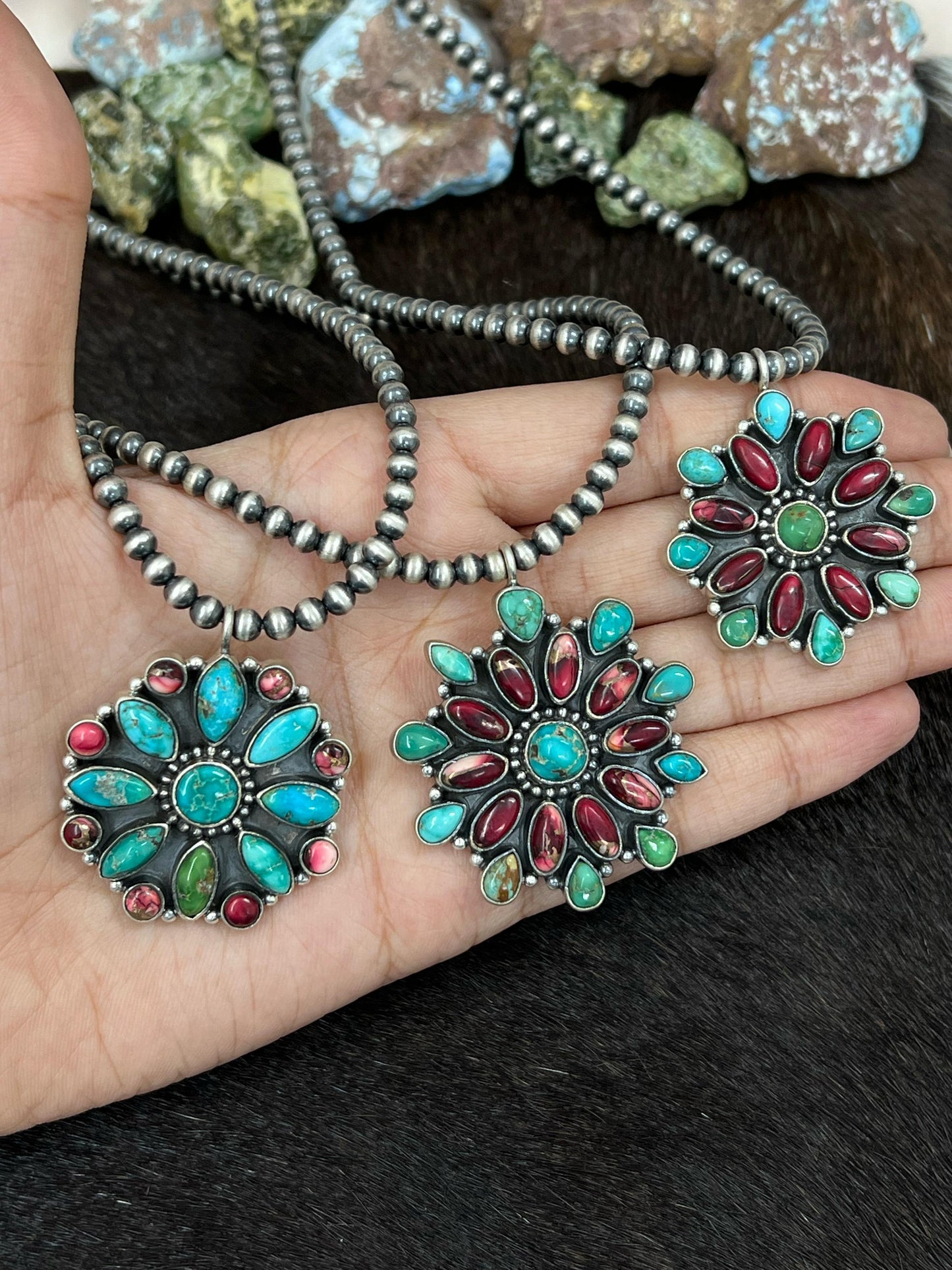 Handmade Sterling Silver Dahlia Rose with Emerald Valley Turquoise Beaded/ Flower Necklace, Signed Nizhoni