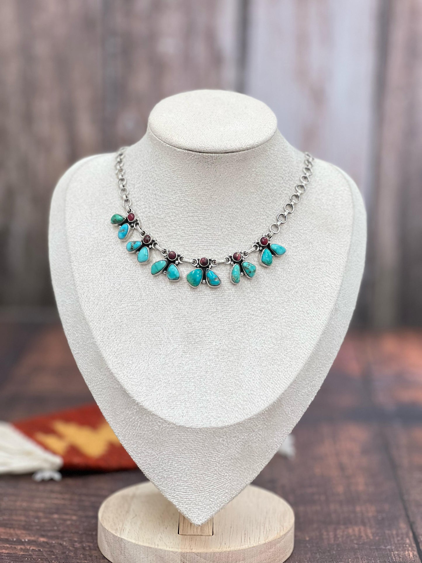Handmade Sterling Silver Dahlia Rose with Emerald Valley Turquoise Necklace, Signed Nizhoni