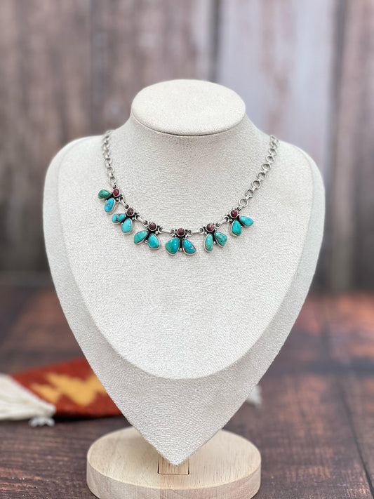 Handmade Sterling Silver Dahlia Rose with Emerald Valley Turquoise Necklace, Signed Nizhoni