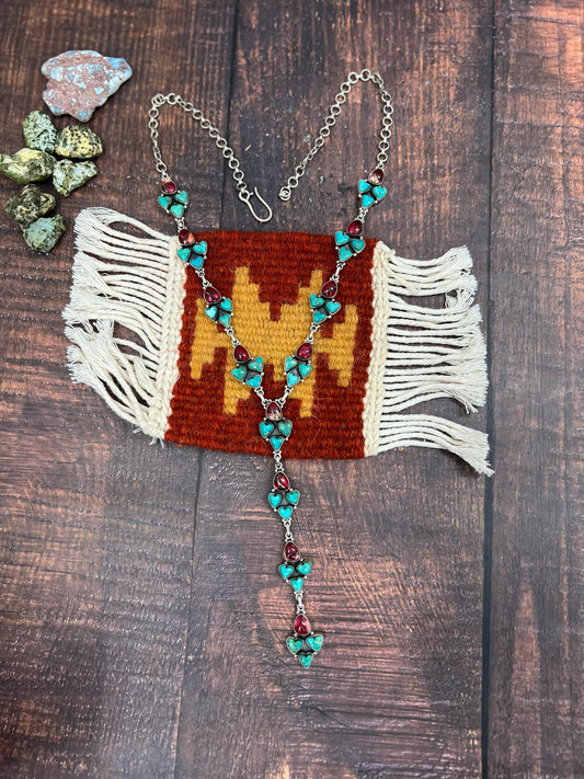 Handmade Sterling Silver Dahlia Rose with Emerald Valley Turquoise Necklace, Signed Nizhoni