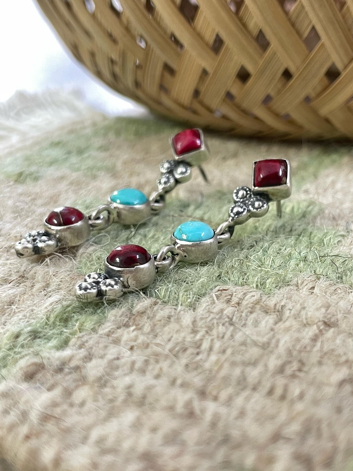 Handmade Sterling Silver Dahlia Rose with Emerald Valley Turquoise Dangle Earrings with Signed Nizhoni