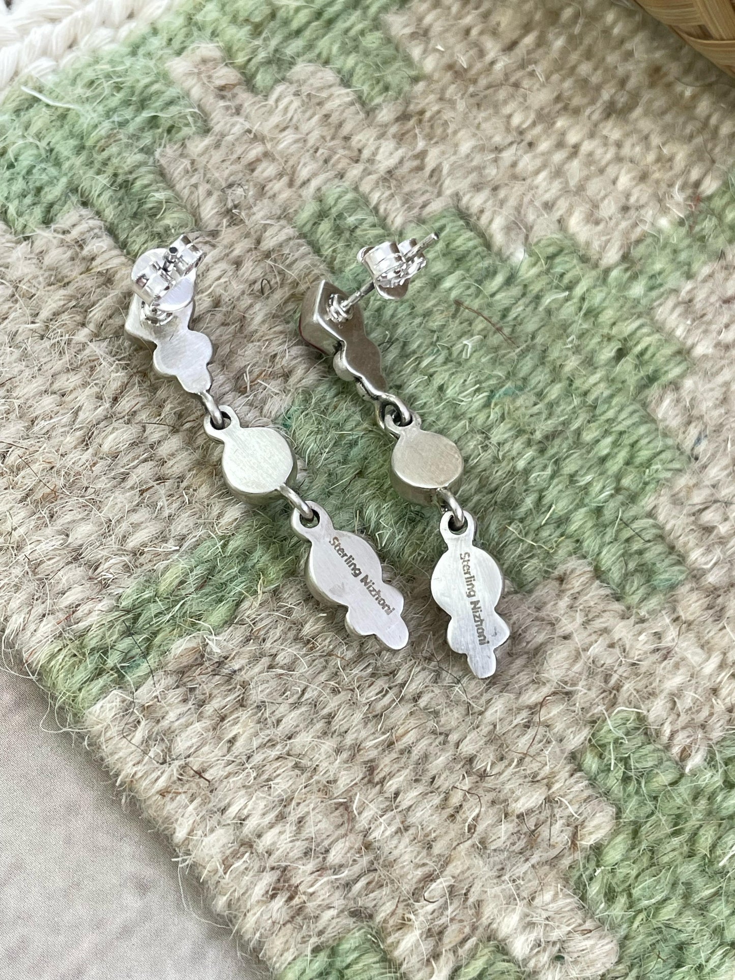 Handmade Sterling Silver Dahlia Rose with Emerald Valley Turquoise Dangle Earrings with Signed Nizhoni