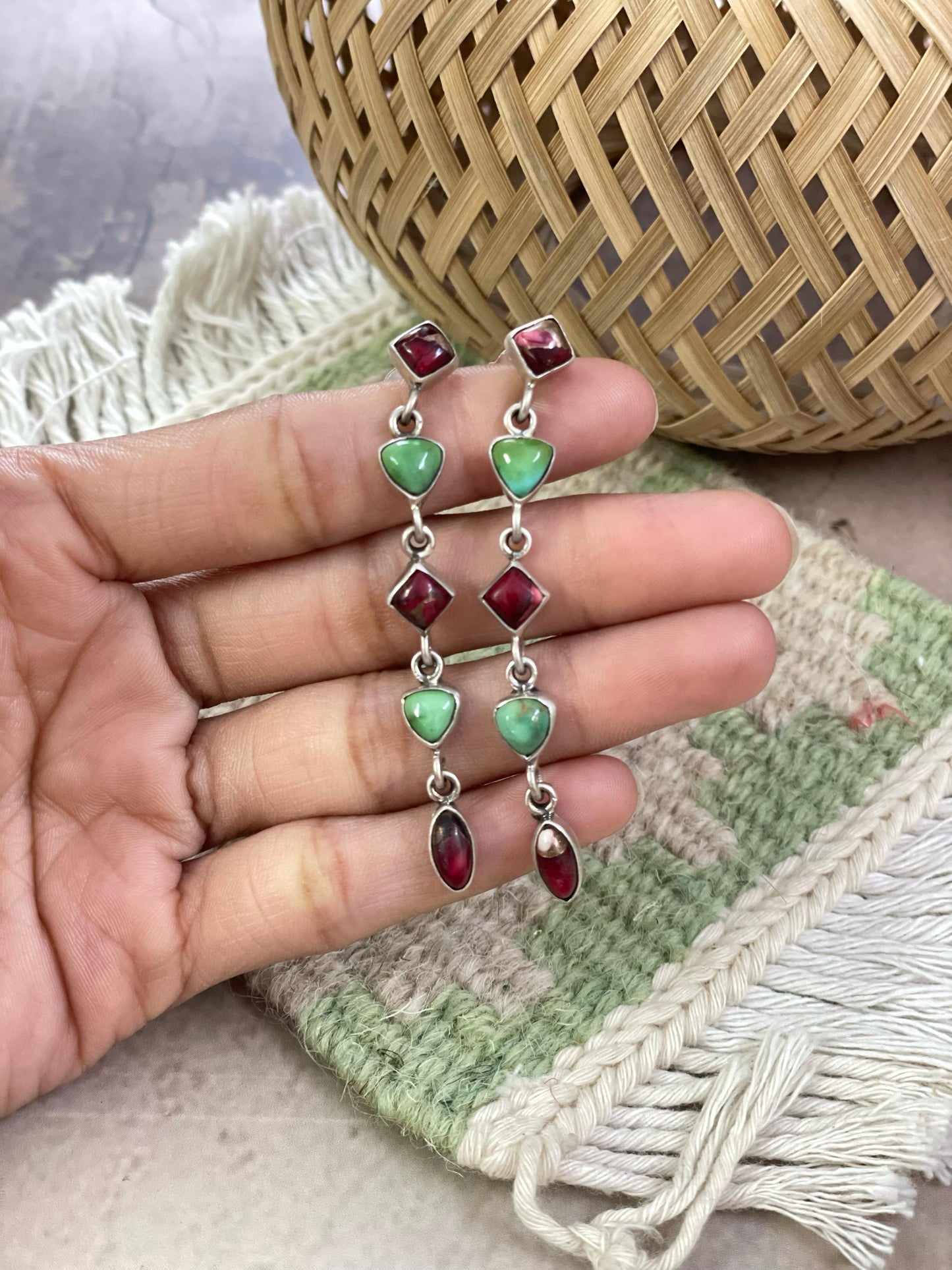 Handmade Sterling Silver Handmade Sterling Silver Dahlia Rose with Emerald Valley Turquoise Post Earrings with Signed Nizhoni