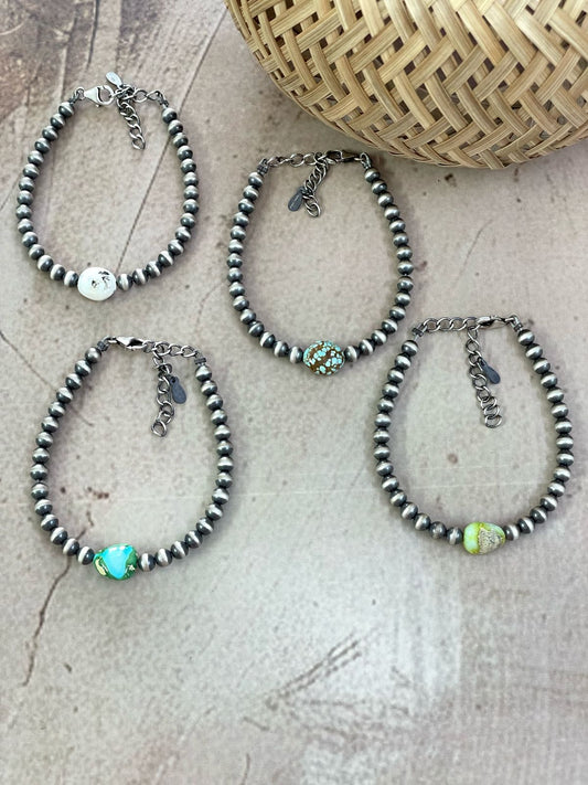 Handmade Sterling Silver Multi Stone Beaded Bracelet with Signed Nizhoni