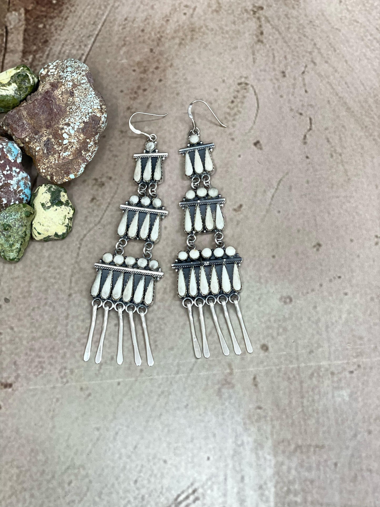 Handmade Sterling Silver White Buffalo Turquoise Dangle Earrings with Signed Nizhoni