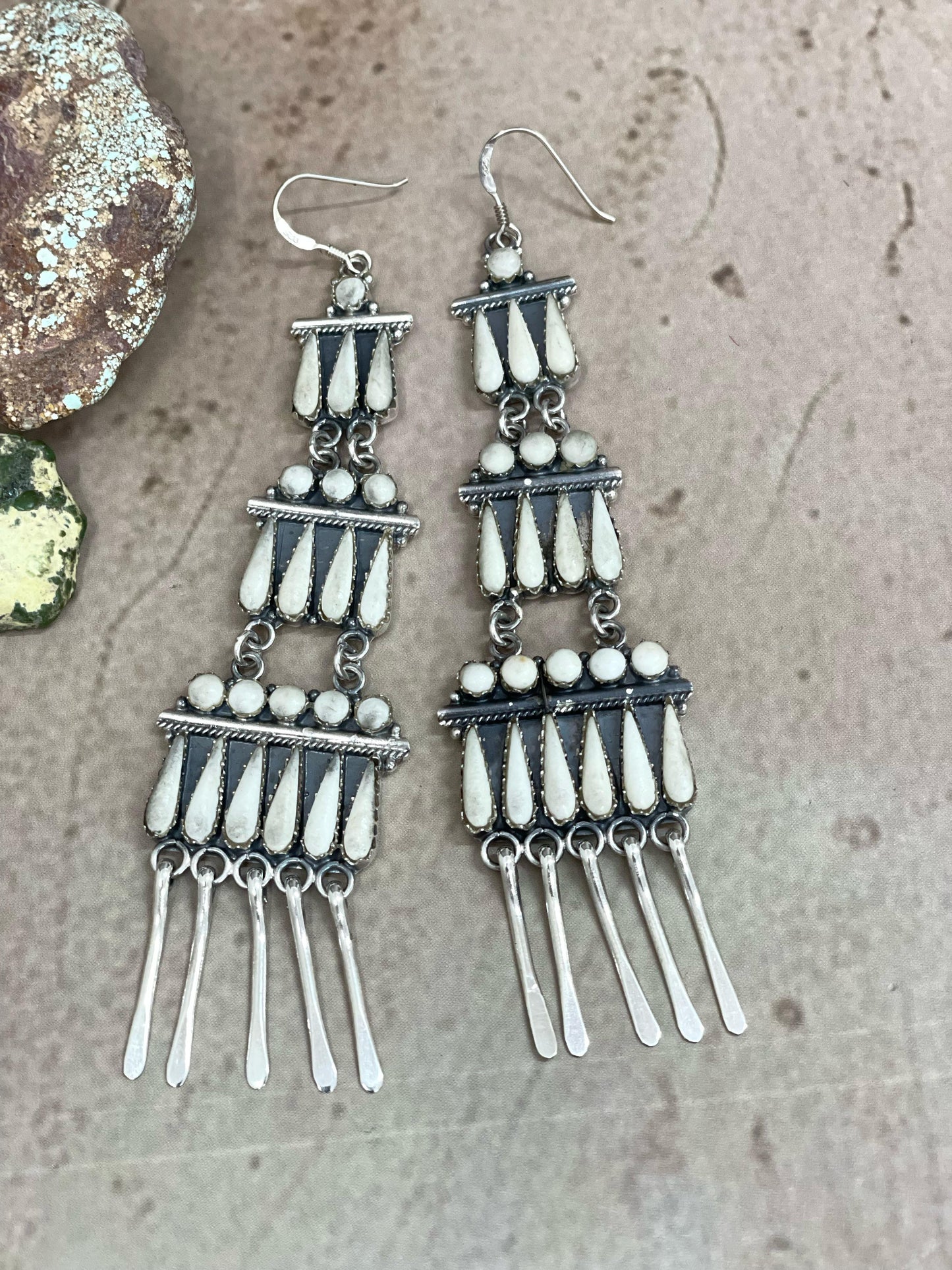 Handmade Sterling Silver White Buffalo Turquoise Dangle Earrings with Signed Nizhoni