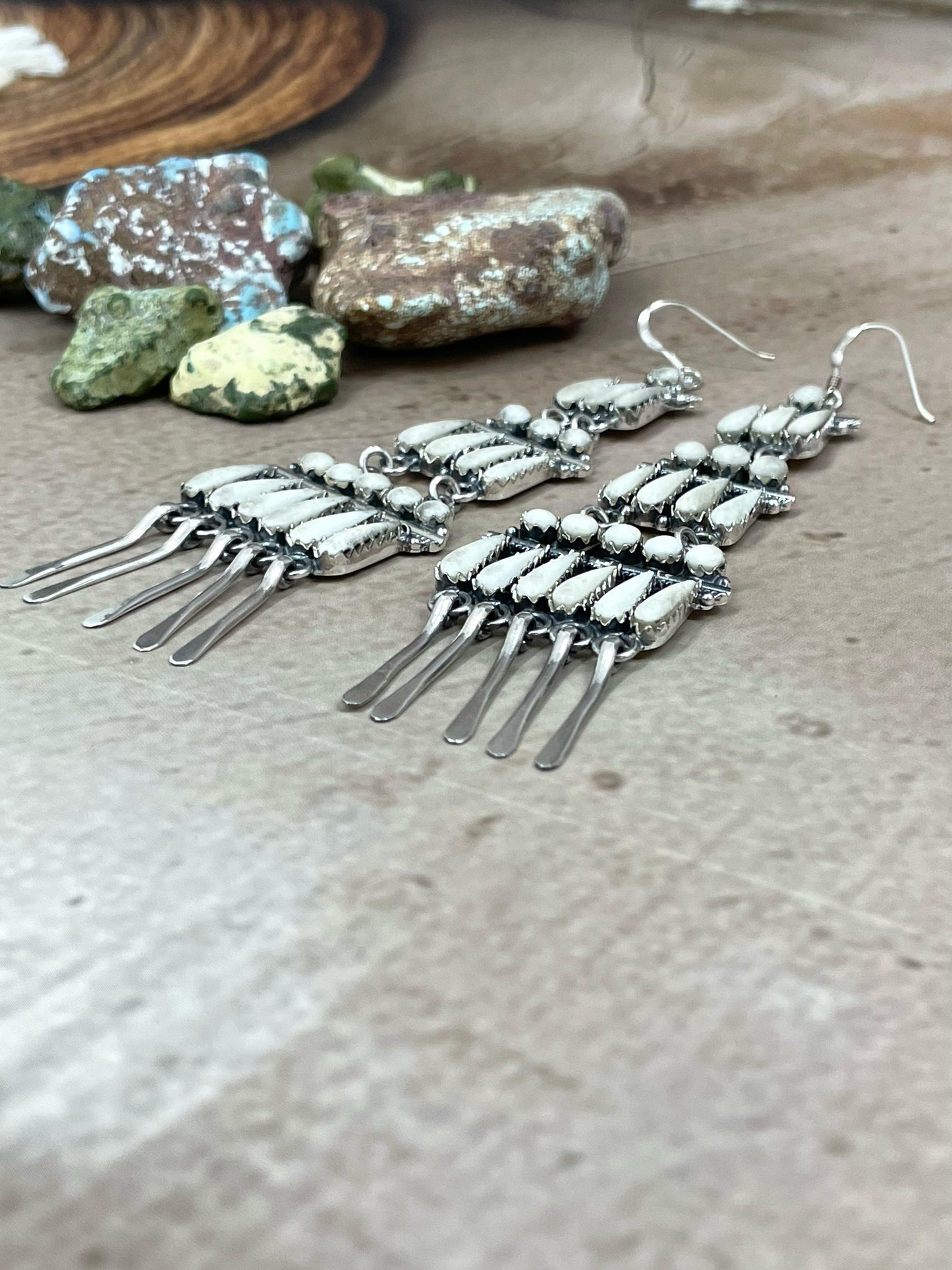 Handmade Sterling Silver White Buffalo Turquoise Dangle Earrings with Signed Nizhoni