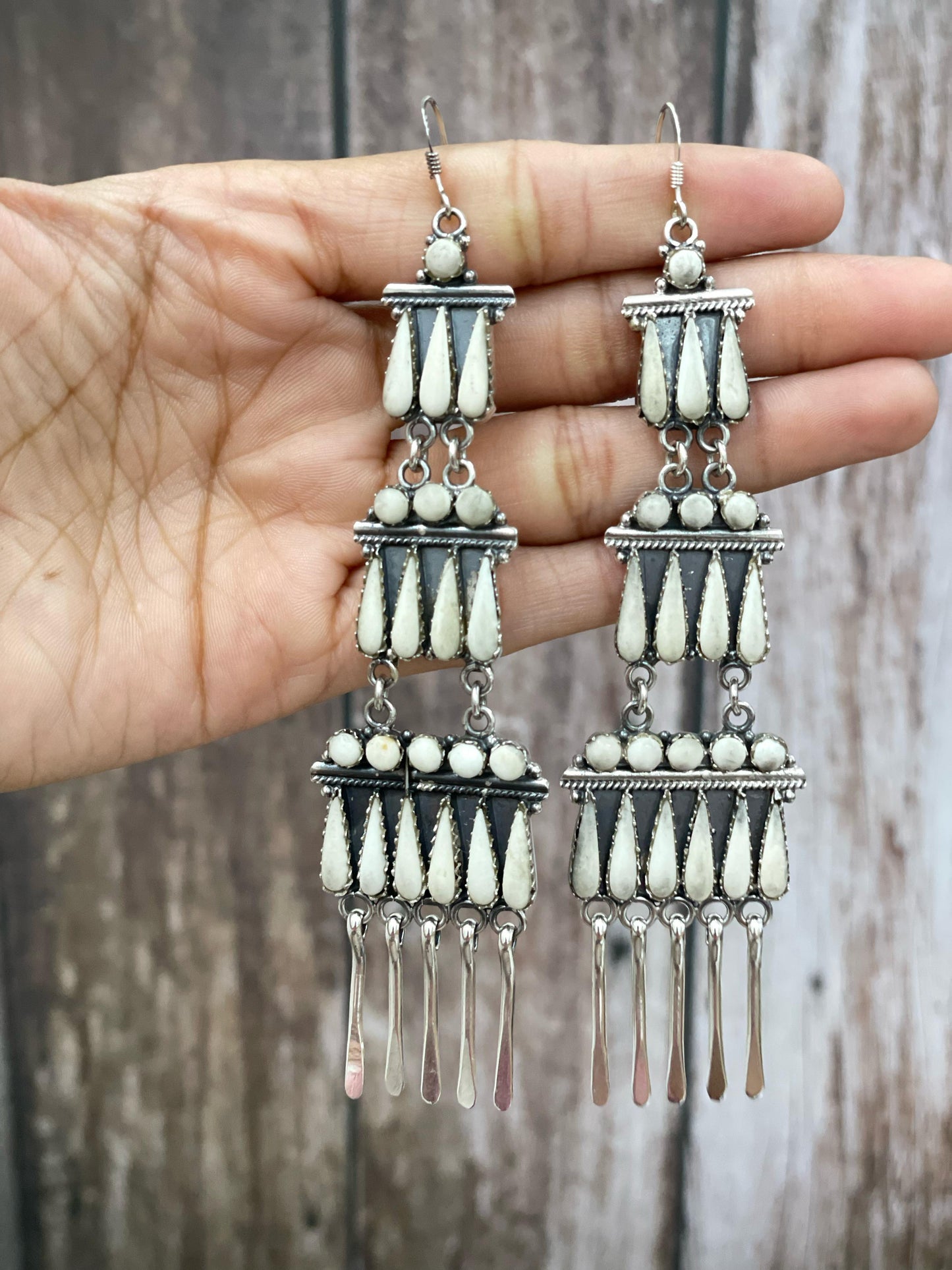 Handmade Sterling Silver White Buffalo Turquoise Dangle Earrings with Signed Nizhoni