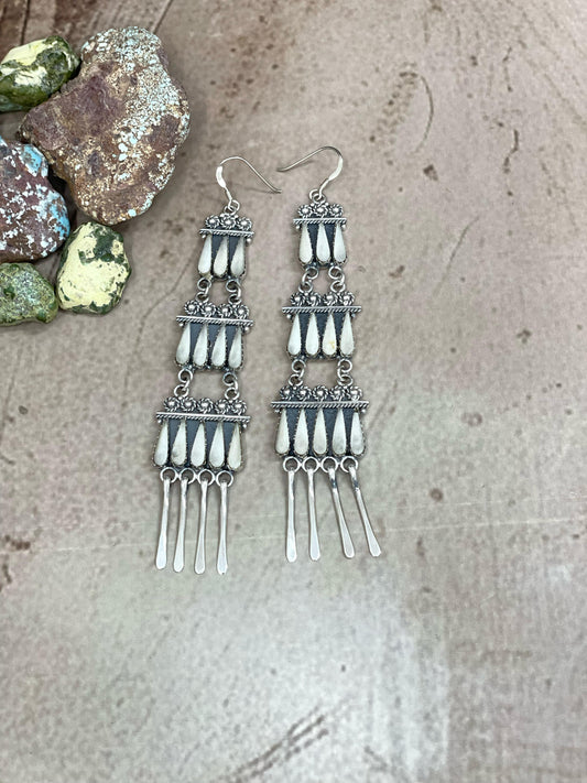 Handmade Sterling Silver White Buffalo Turquoise Hook Earrings with Signed Nizhoni