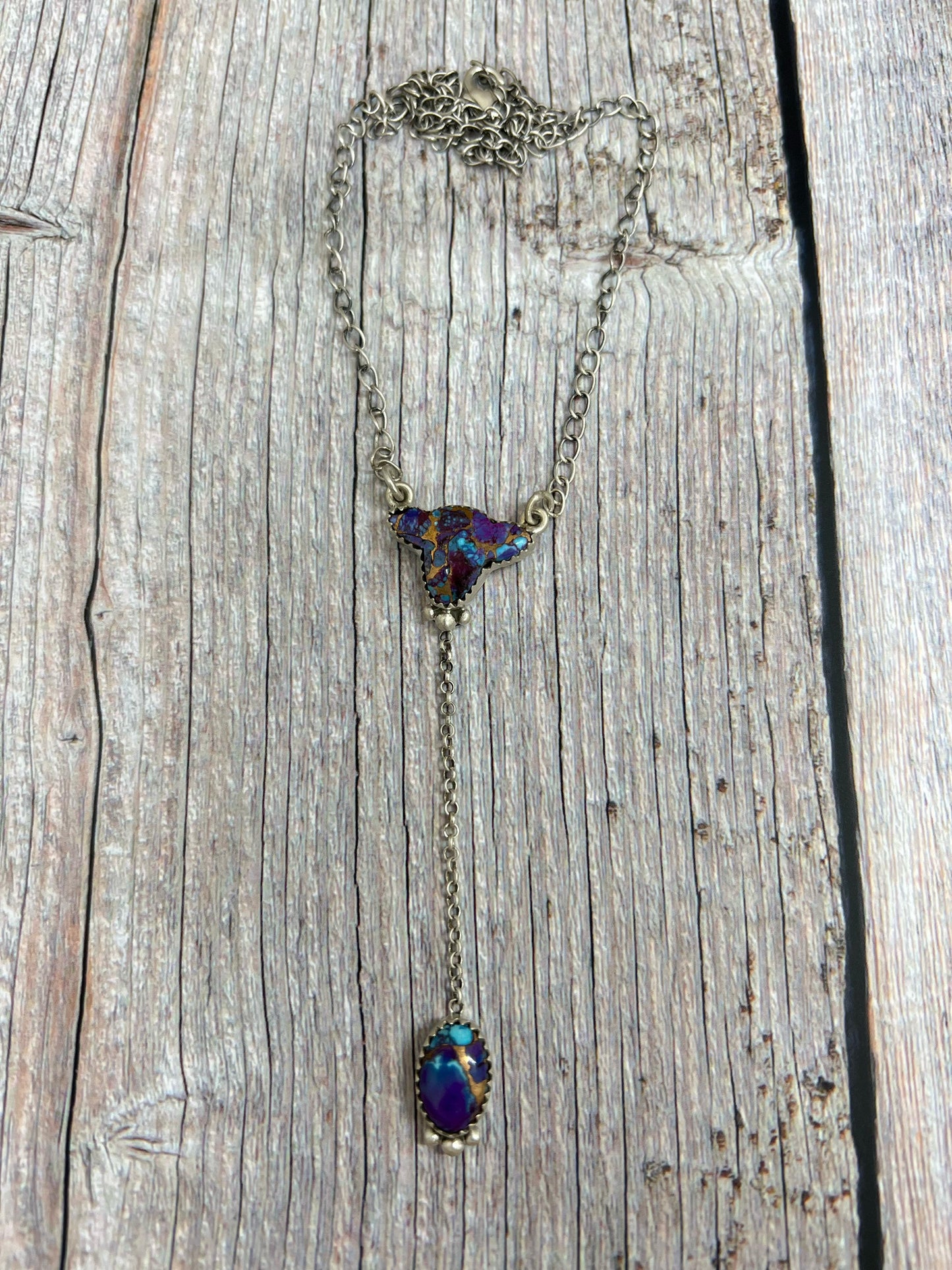 Handmade Sterling Silver Purple Kingman Mojave Bull Necklace with Signed Nizhoni