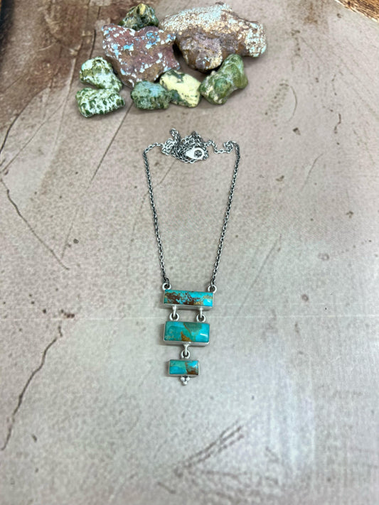 Handmade Sterling Silver Kingman Turquoise Necklace with Signed Nizhoni