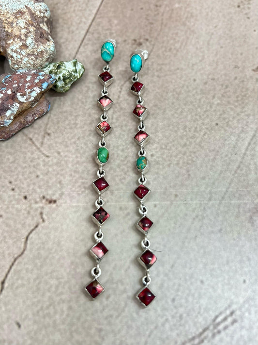 Handmade Sterling Silver Emerald Valley with Dahlia Rose Dangle Earrings with Signed Nizhoni