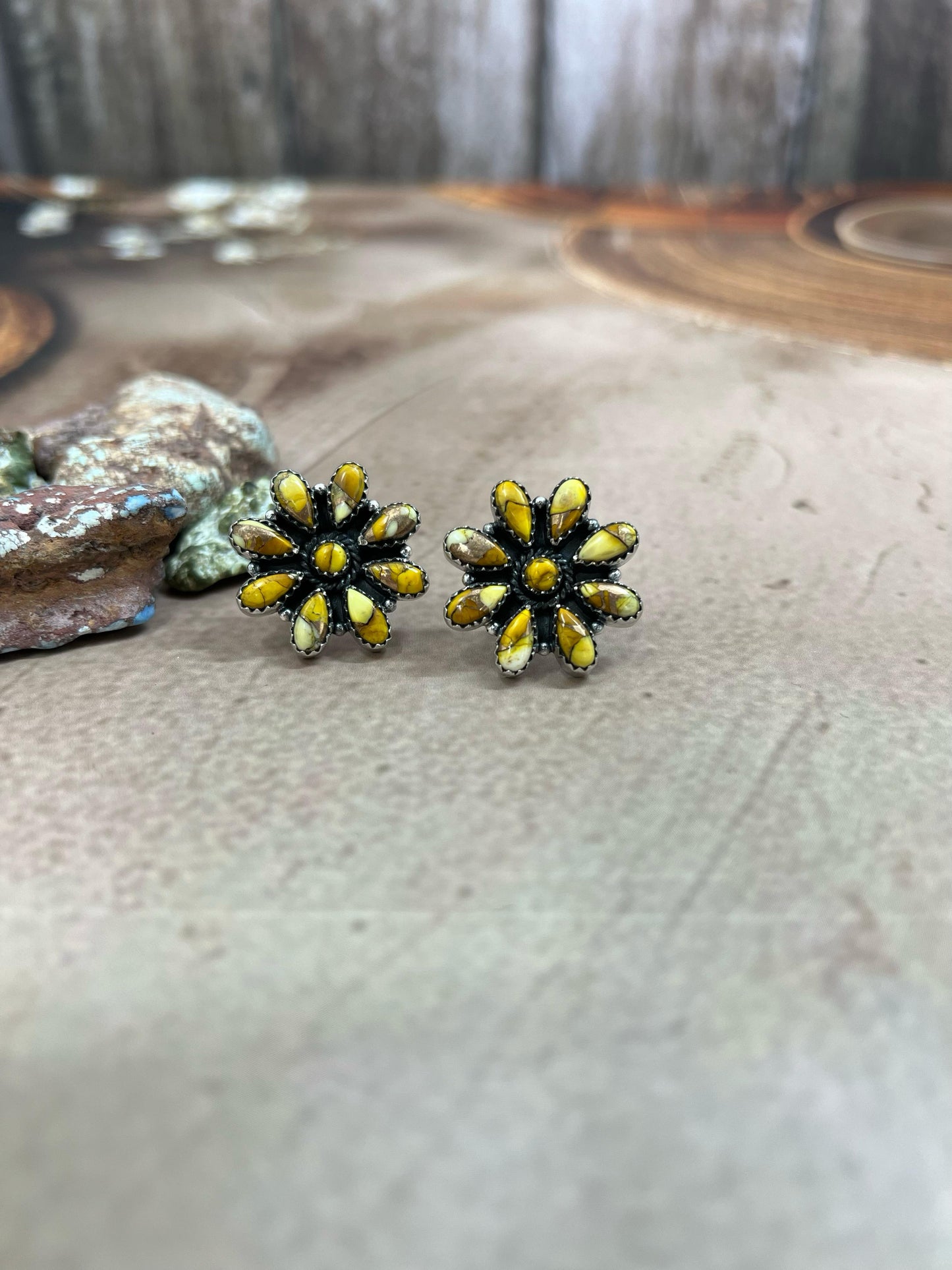 Handmade Sterling Silver Honey Dahlia Post Earrings with Signed Nizhoni
