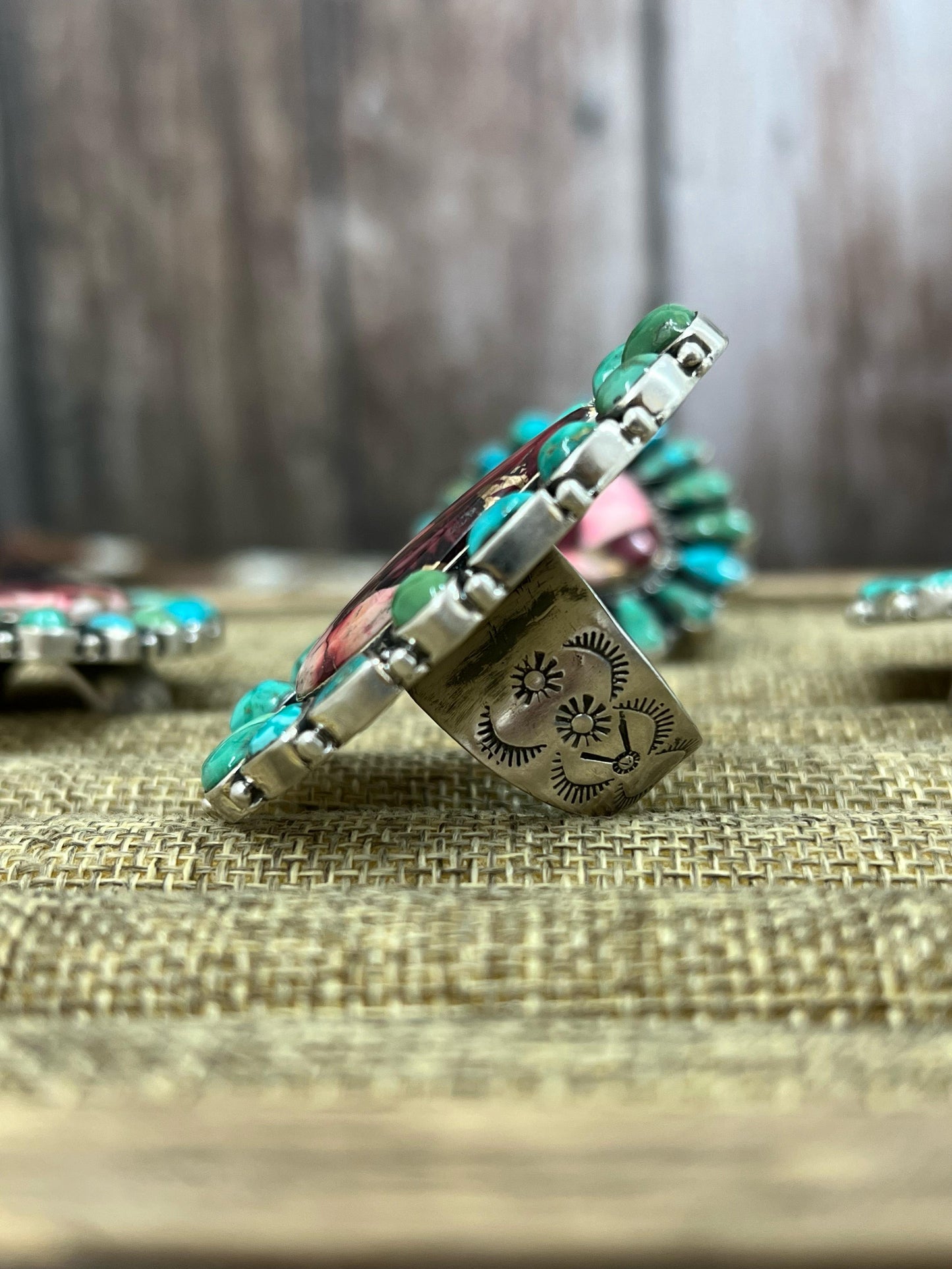 Handmade Sterling Silver Emerald Valley with Dahlia Rose Adjustable Ring, Signed Nizhoni