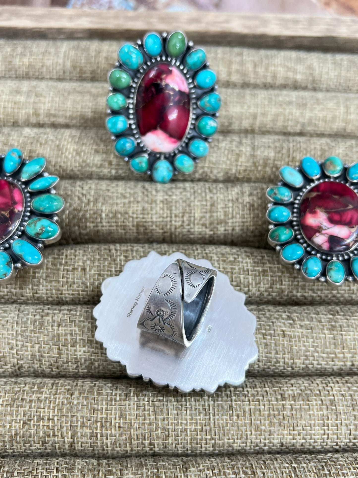 Handmade Sterling Silver Emerald Valley with Dahlia Rose Adjustable Ring, Signed Nizhoni