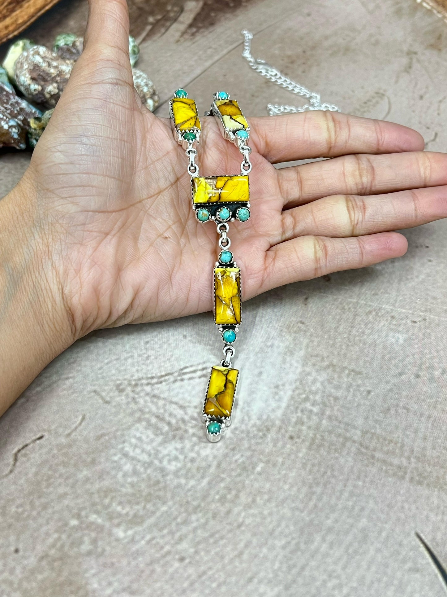 Handmade Sterling Silver Honey Dahlia with Kingman Turquoise Necklace, Signed Nizhoni