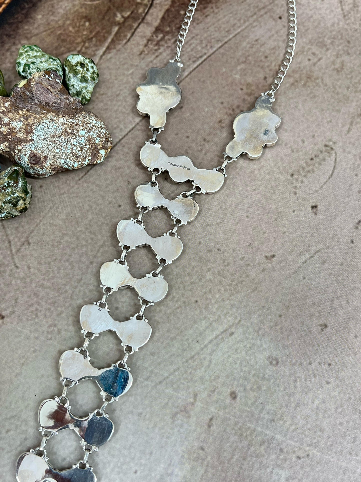 Handmade Sterling Silver Honey Dahlia with Kingman Turquoise Necklace, Signed Nizhoni