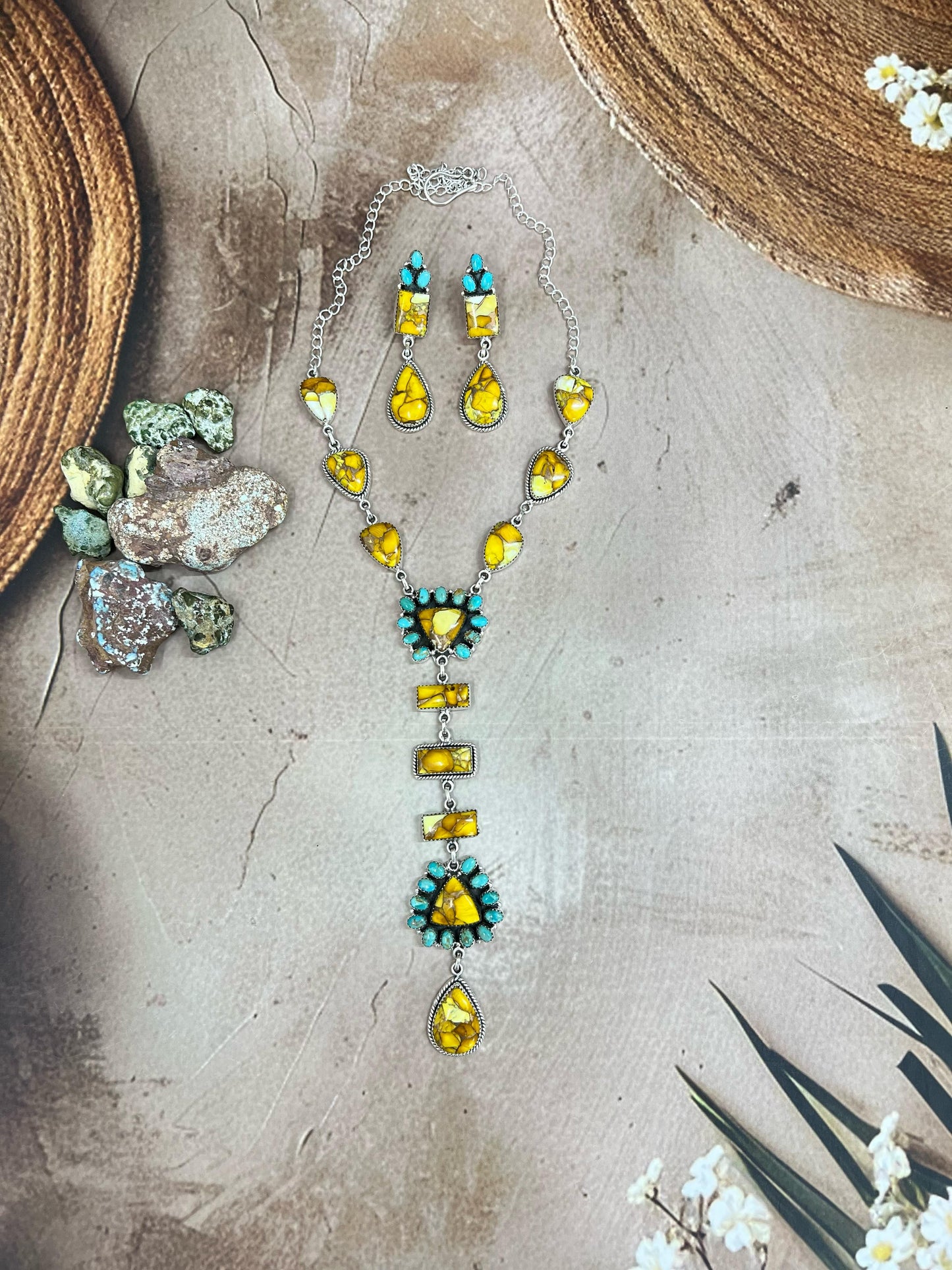 Handmade Sterling Silver Honey Dahlia with Kingman Turquoise Necklace Post Earrings, Signed Nizhoni