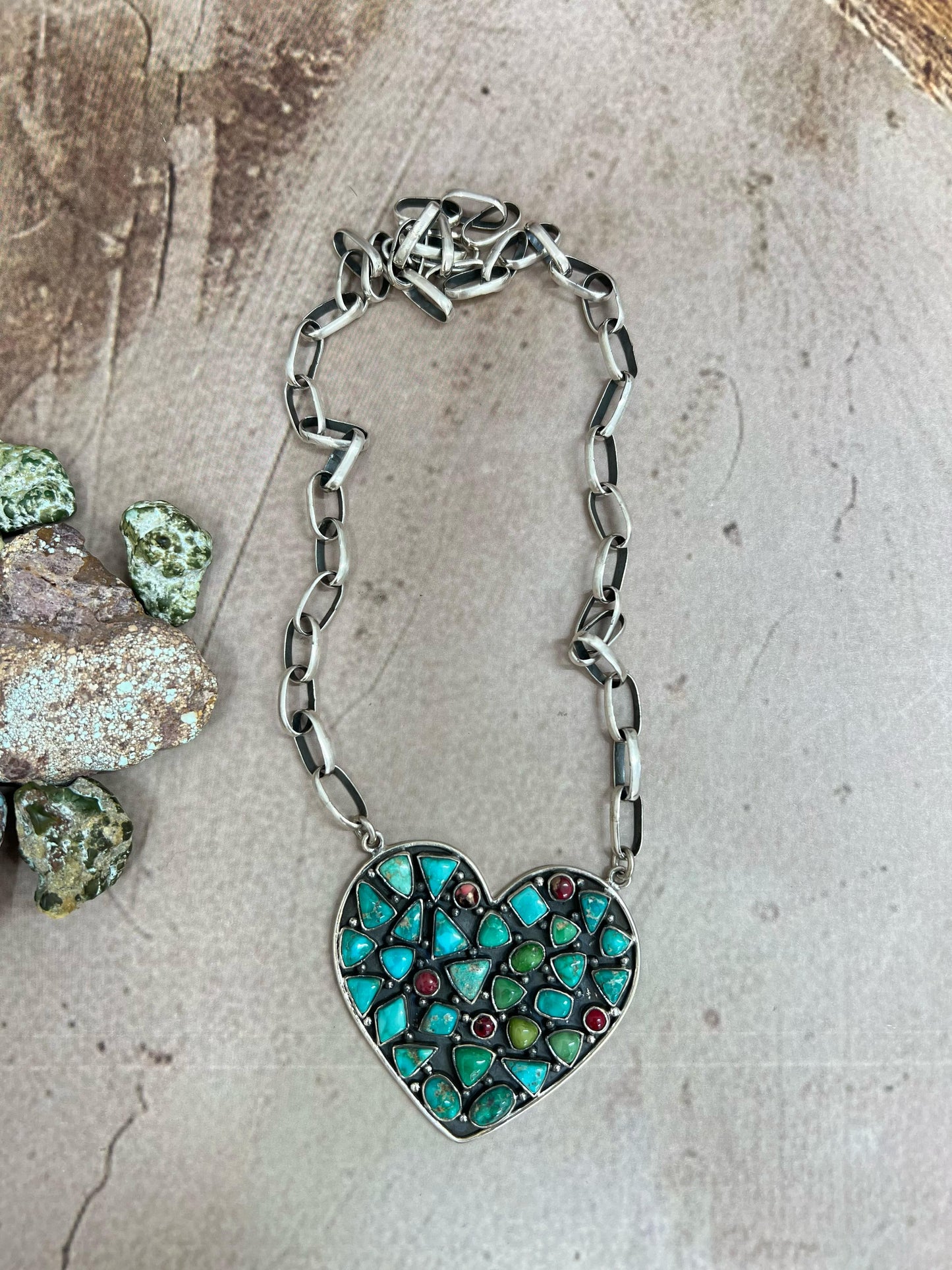 Handmade Sterling Silver Emerald Valley Turquoise with Dahlia Rose Heart Necklace, Signed Nizhoni