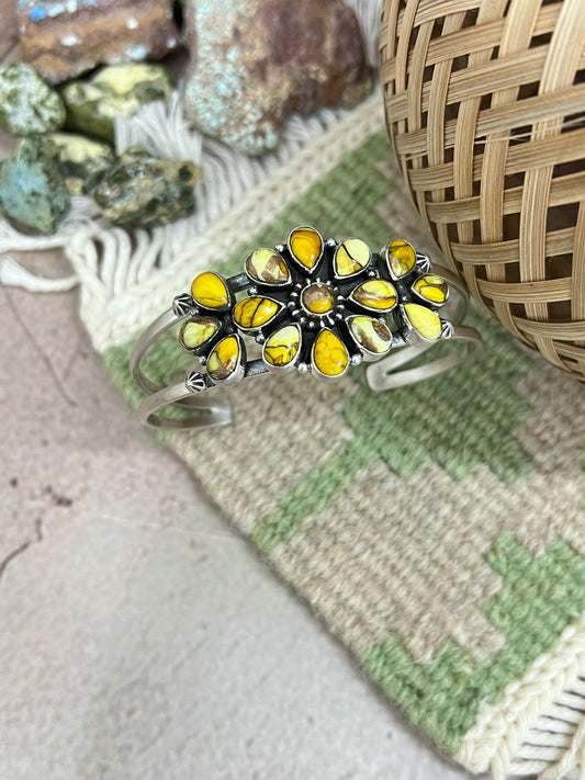 Handmade Sterling Silver Honey Dahlia Cuff Bracelet with Signed Nizhoni