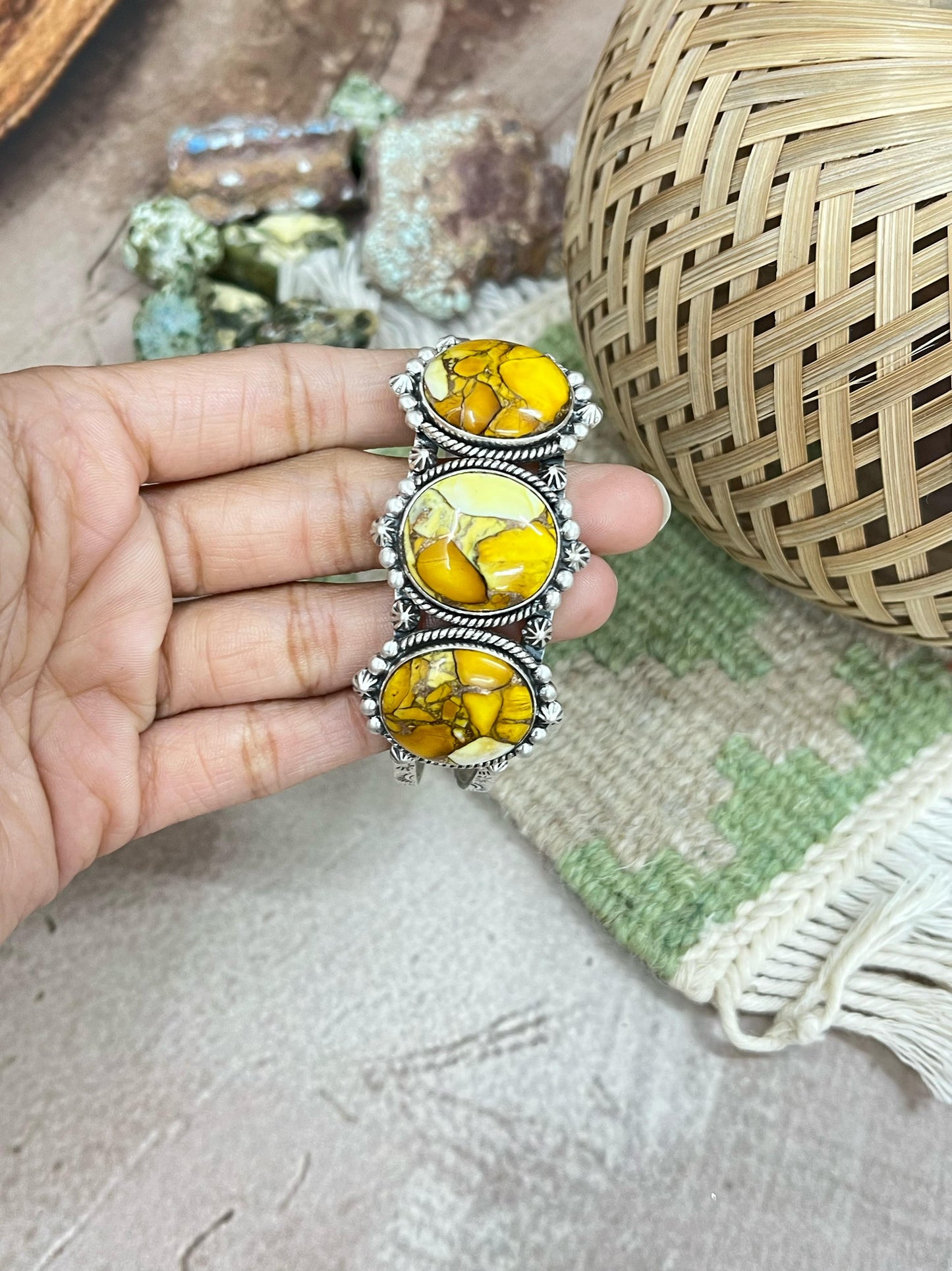 Handmade Sterling Silver Honey Dahlia Cuff Bracelet with Signed Nizhoni