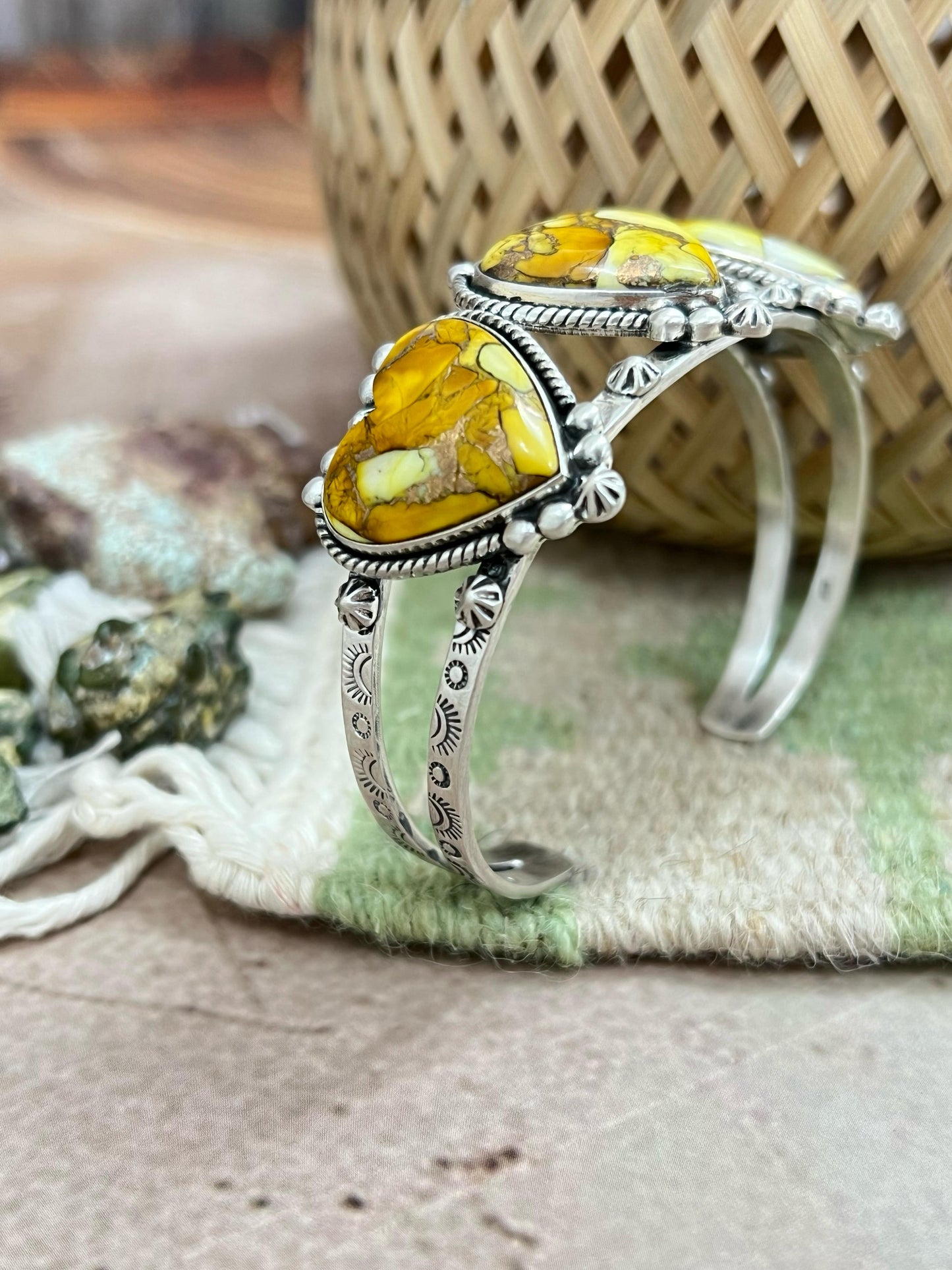 Handmade Sterling Silver Honey Dahlia Cuff Heart Bracelet with Signed Nizhoni