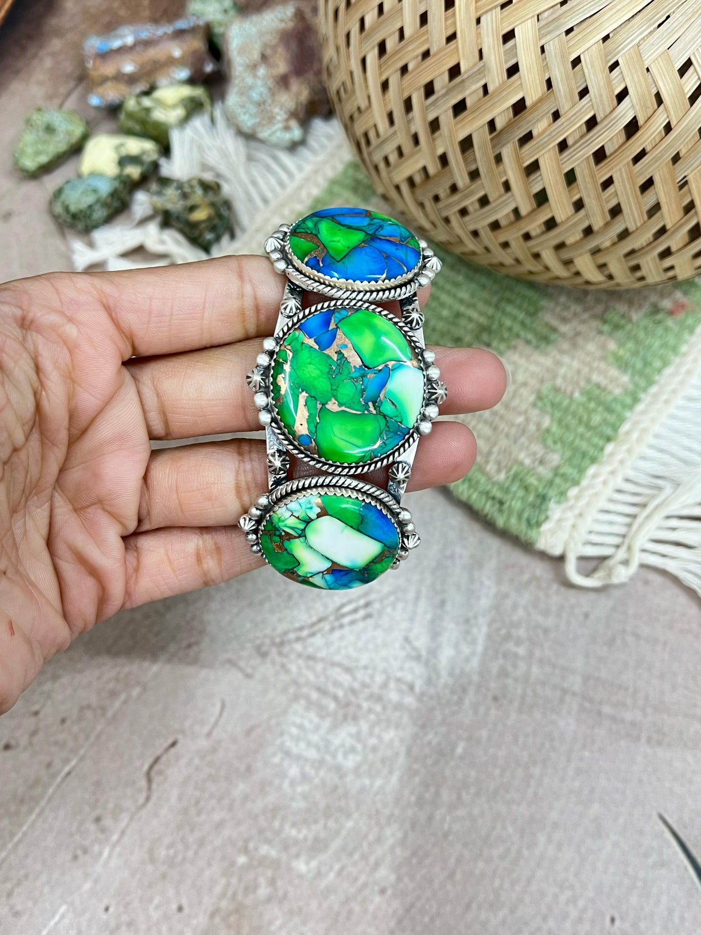 Handmade Sterling Silver Peacock Dahlia, White Buffalo Turquoise Cuff Bracelet with Signed Nizhoni