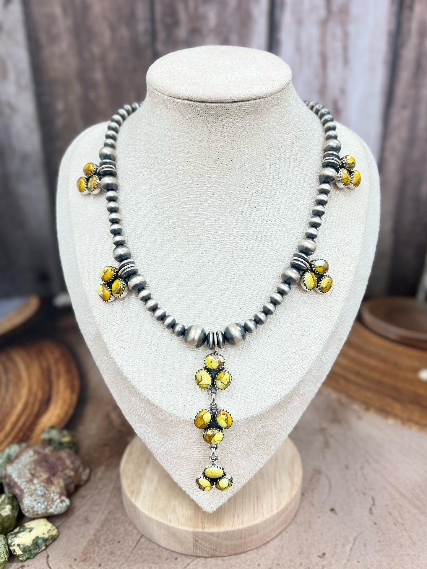 Handmade Sterling Silver Honey Dahlia Beaded Necklace with Signed Nizhoni