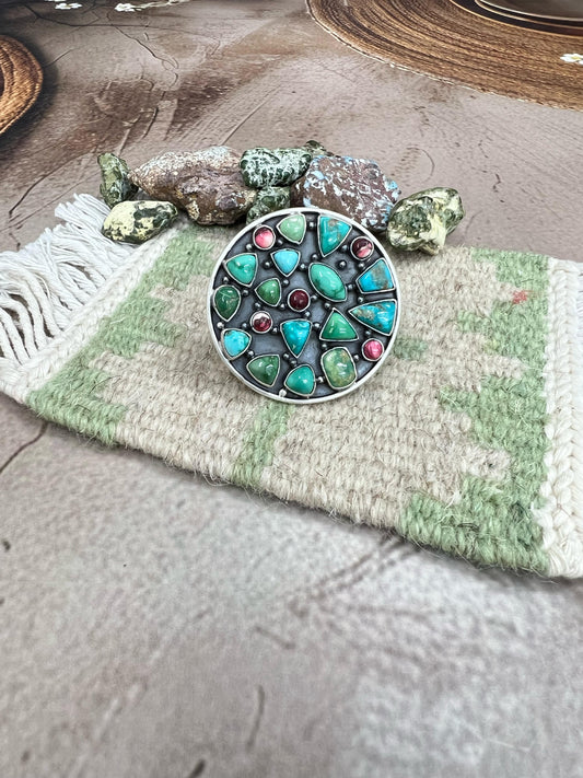 Handmade Sterling Silver Emerald Valley with Dahlia Rose Adjustable Rings, Signed Nizhoni
