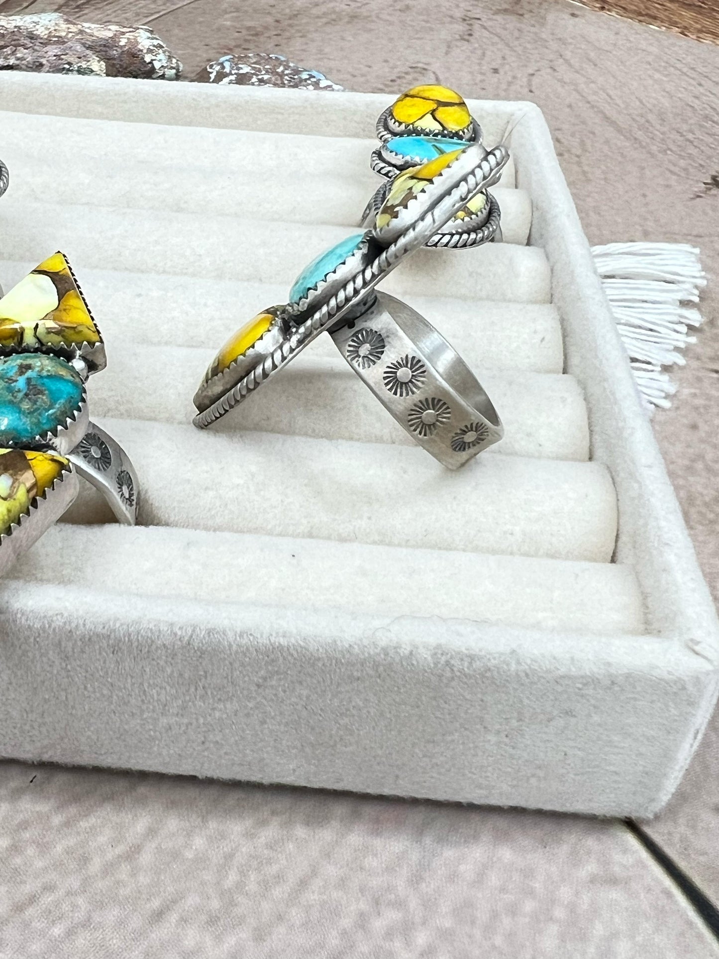 Handmade Sterling Silver Honey Dahlia with South Hill Turquoise Adjustable Ring, Signed Nizhoni