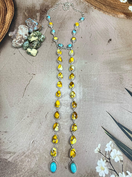 Handmade Sterling Silver Honey Dahlia with Kingman Turquoise Necklace, Signed Nizhoni