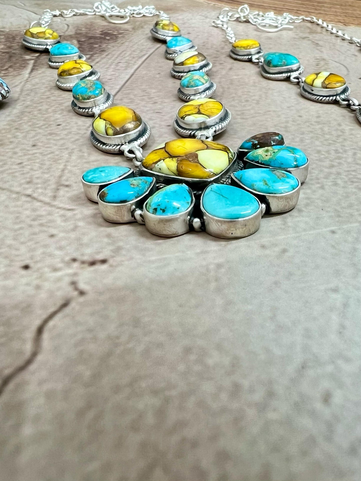 Handmade Sterling Silver Honey Dahlia with South Hill Turquoise Necklace with Signed Nizhoni
