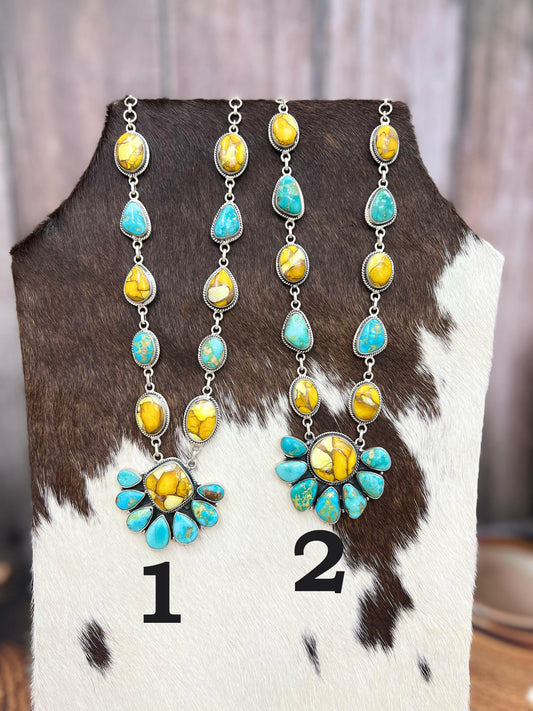 Handmade Sterling Silver Honey Dahlia with South Hill Turquoise Necklace with Signed Nizhoni