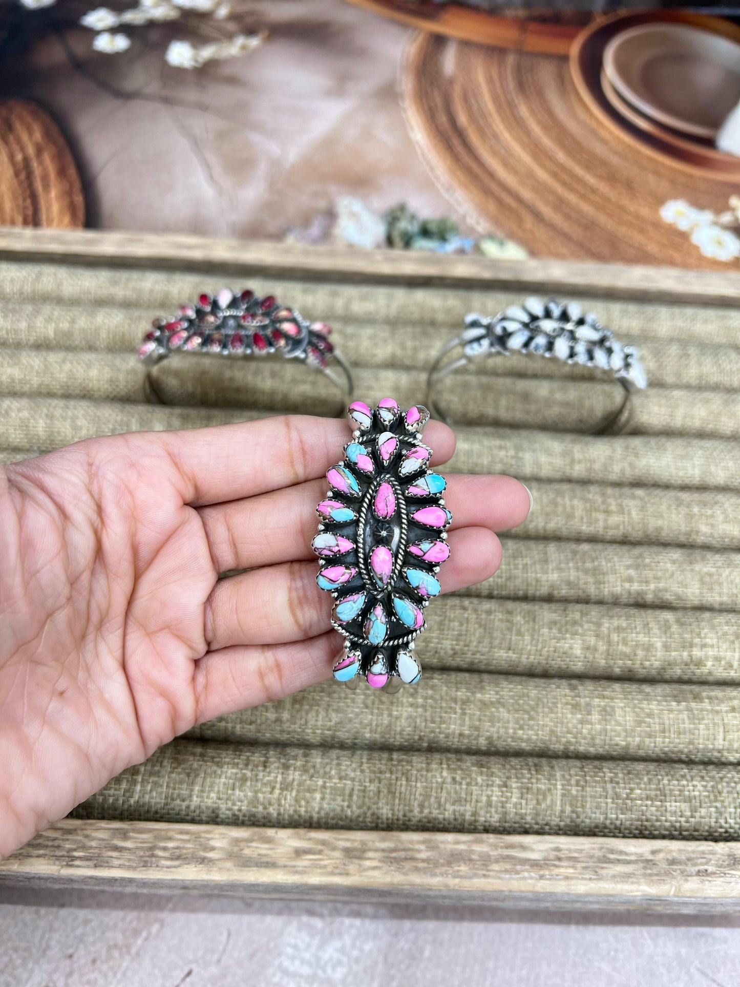 Handmade Sterling Silver Multi Stones Cuff Bracelet with Signed Nizhoni