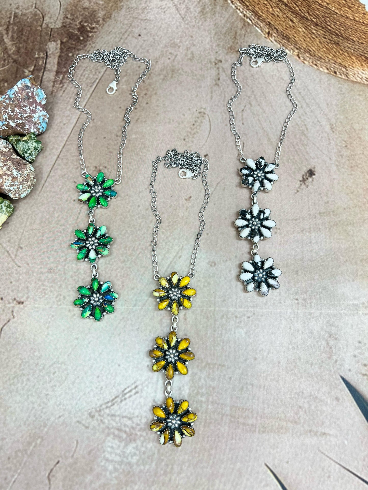 Handmade Sterling Silver Honey Dahlia, Peacock Dahlia, White Buffalo Turquoise Necklace with Signed Nizhoni