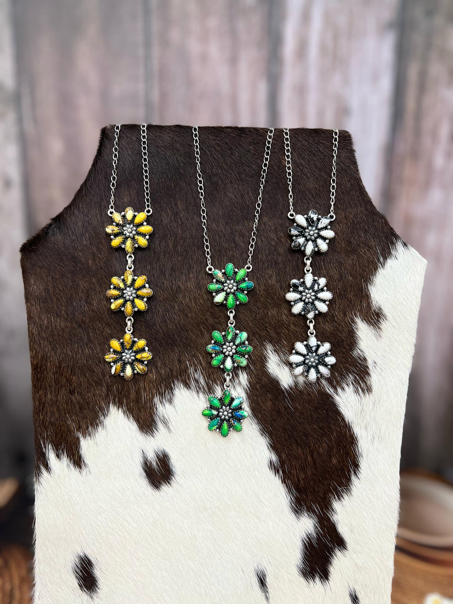 Handmade Sterling Silver Honey Dahlia, Peacock Dahlia, White Buffalo Turquoise Necklace with Signed Nizhoni
