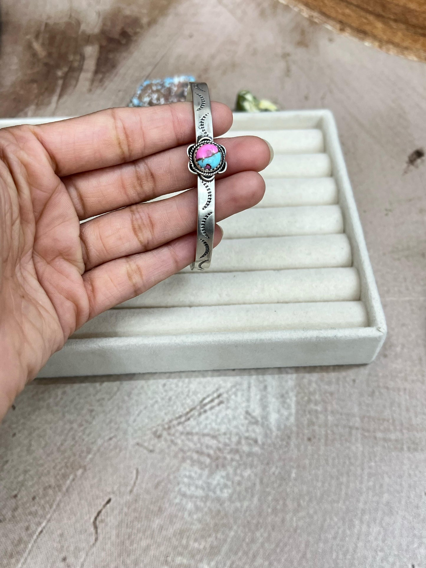 Handmade Sterling Silver Multi Stones Cuff Bracelet with Signed Nizhoni