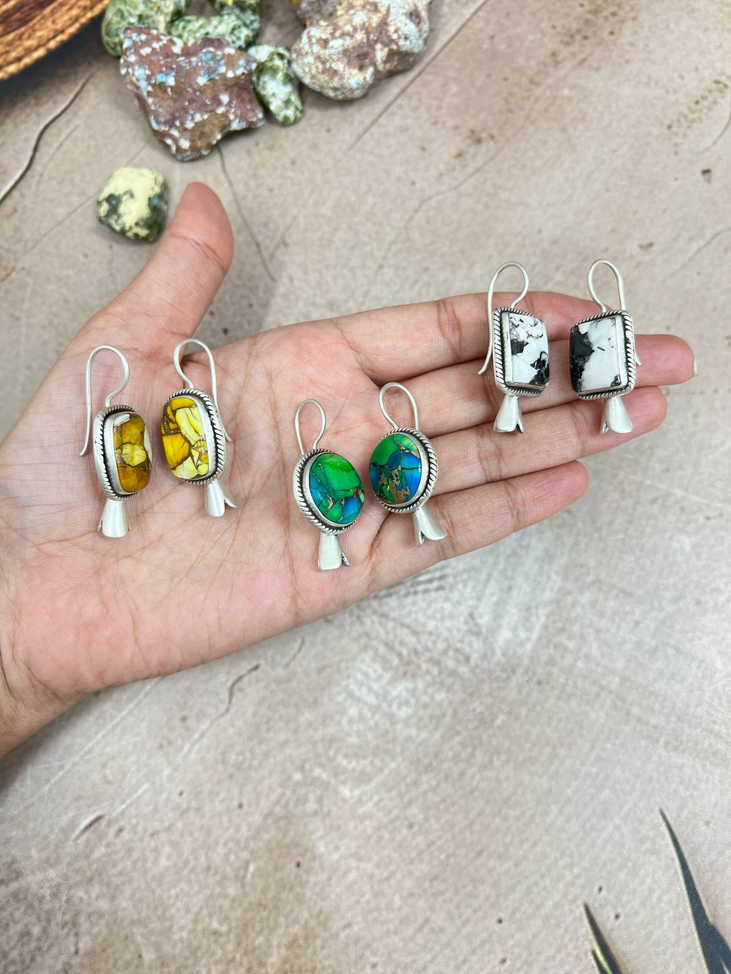 Handmade Sterling Silver Peacock Dahlia, White Buffalo Turquoise, Honey Dahlia Blossom Dangle Earrings with Signed Nizhoni