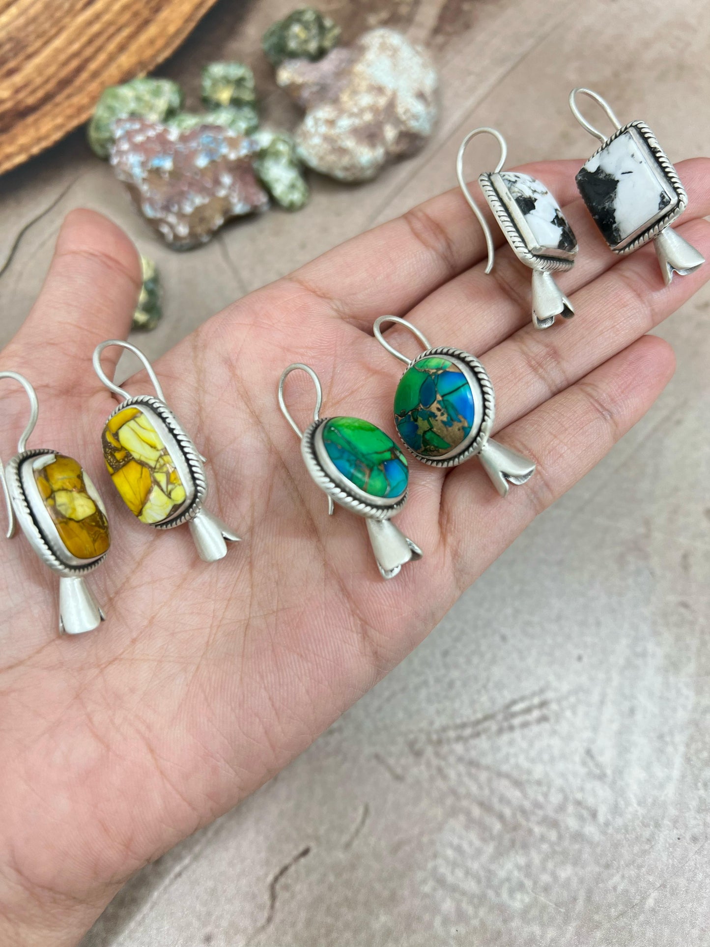 Handmade Sterling Silver Peacock Dahlia, White Buffalo Turquoise, Honey Dahlia Blossom Dangle Earrings with Signed Nizhoni