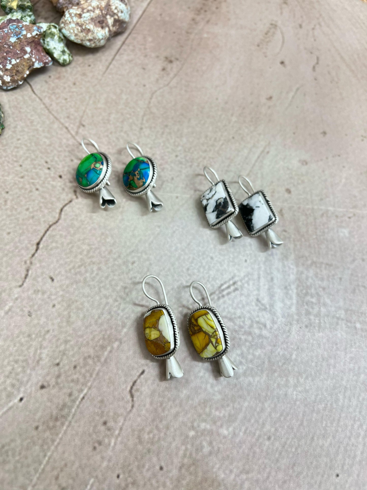 Handmade Sterling Silver Peacock Dahlia, White Buffalo Turquoise, Honey Dahlia Blossom Dangle Earrings with Signed Nizhoni