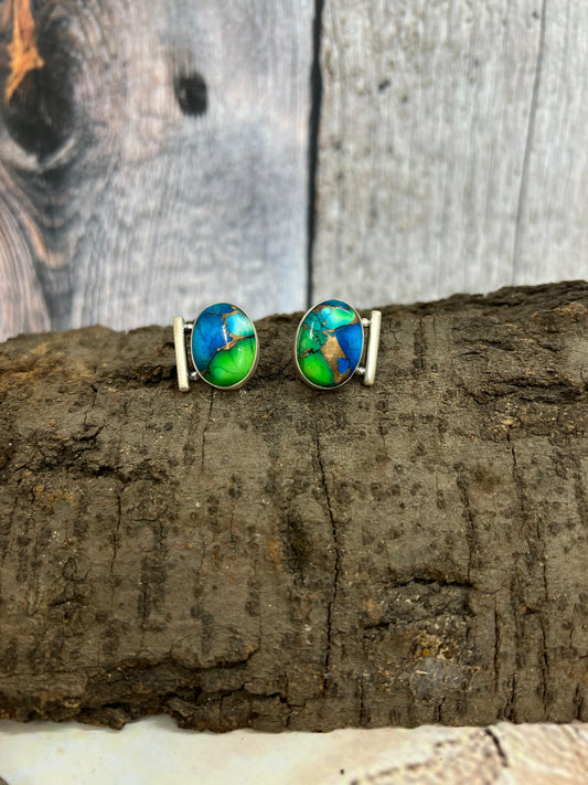 Handmade Sterling Silver Peacock Dahlia Post Earrings with Signed Nizhoni