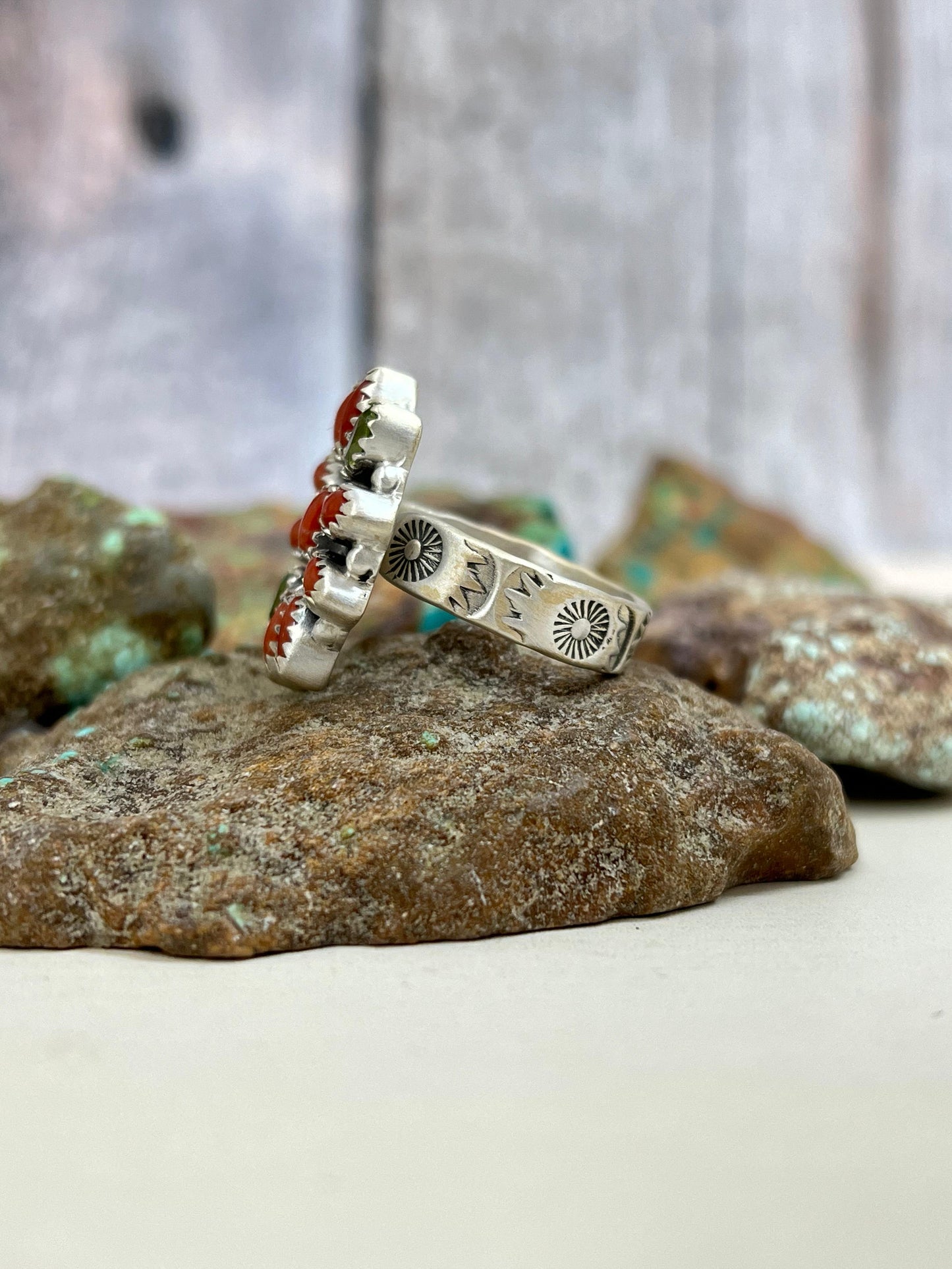 Christmas Collection Handmade Sterling Silver Coral with Peridot Adjustable Ring with Signed Nizhoni