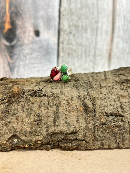Handmade Sterling Silver Dahlia Rose with Emerald Velley Adjustable Rings with Signed Nizhoni