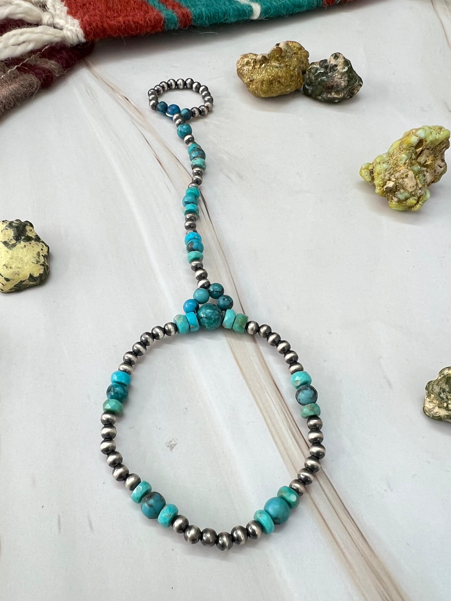 Handmade Sterling Silver Kingman Turquoise Beaded Hand Harness Leslie’s favorite