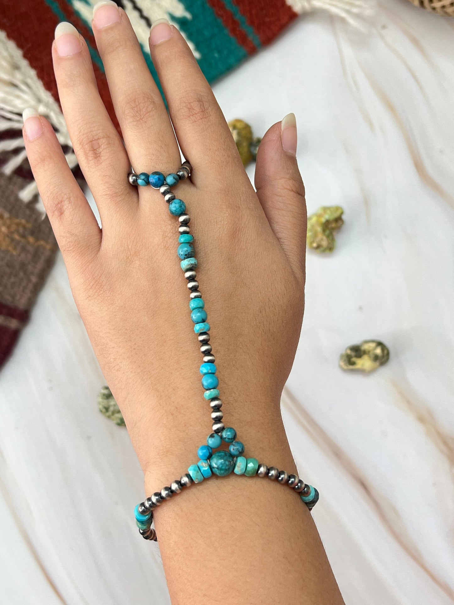Handmade Sterling Silver Kingman Turquoise Beaded Hand Harness Leslie’s favorite