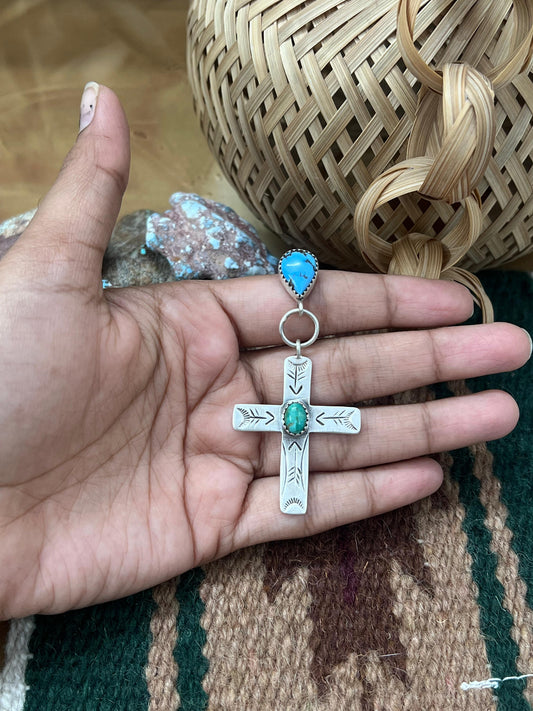 Handmade Sterling Silver Golden Hills Turquoise with Kingman Turquoise Pendant with Signed Nizhoni