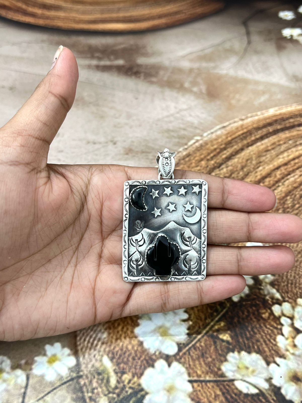 Handmade Sterling Silver Black Onyx Pendant with Signed Nizhoni